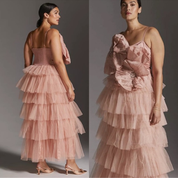 Anthropologie Kavita Bhartia Rosette Tiered Pink Tulle Gown 16W - Picture 2 of 13